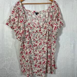 Torrid 4 4X Top Pink Blue Floral Puff Sleeve Peplum Babydoll